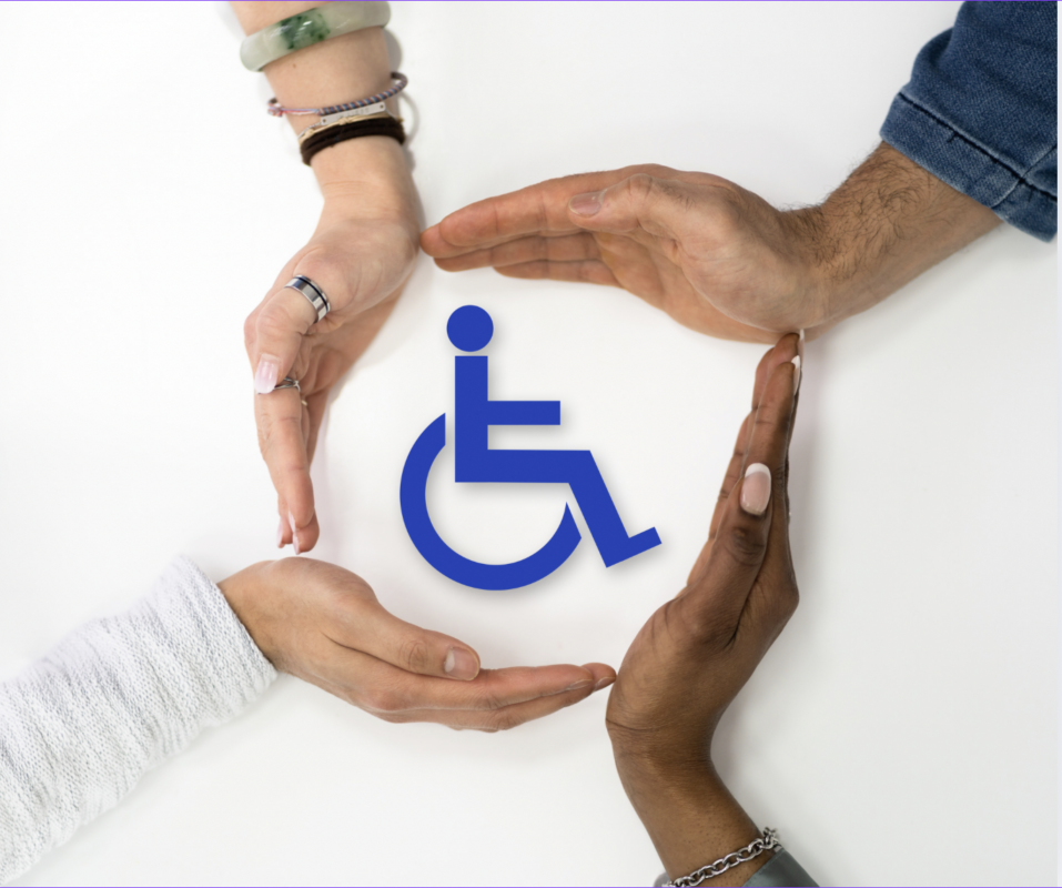 a group of people holding up a sign collectively a wheelchair symbol with their palms